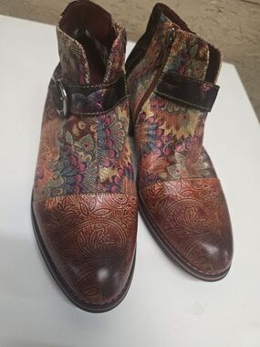 Multicolor Paisley Leather Cap-Toe Ankle Boots - Women